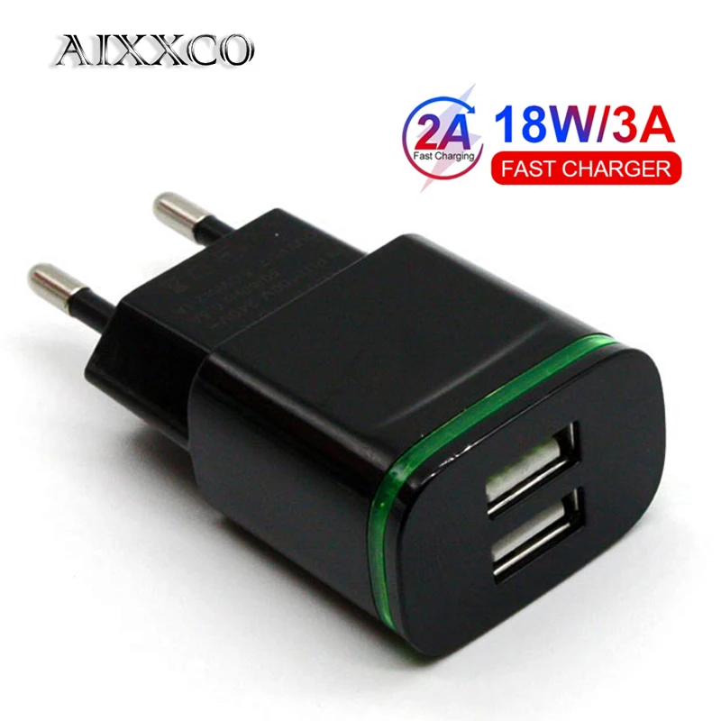 AIXXCO 5V 2A EU Plug LED Light 2 USB Adapter Mobile Phone Wall Charger Device Quick Charge QC 3.0 Mobile Charger Fast Charger
