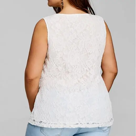 Женская белая блузка размера плюс 5XL, прозрачная Асимметричная Кружевная блуза,, Летняя туника без рукавов, топы, Blusas WF619