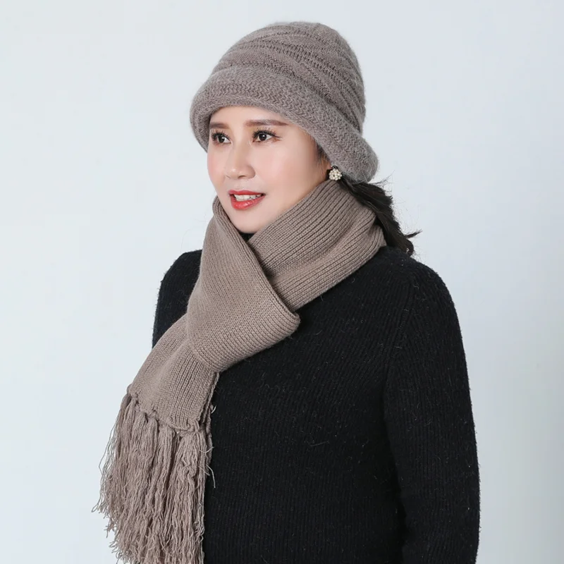 Middle-aged Lady Hat Autumn Warm Wool Mixed Warm Hat Woolen Cap Middle Age Mother Grandmother Knitted Hat scarf gloves Hat