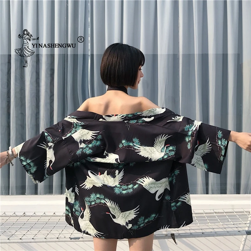 Кимоно кардиган для женщин японский кран печати рубашки юката для женщин Азиатский Кимоно костюмы косплей летние пляжные повседневные топы пальто