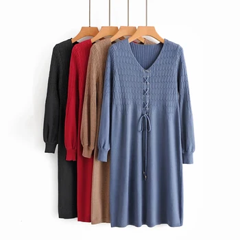 

vintage women lace up long knitwears 2020 autumn o neck fashion ladies sweaters red slim female knits bow girls chic sweater