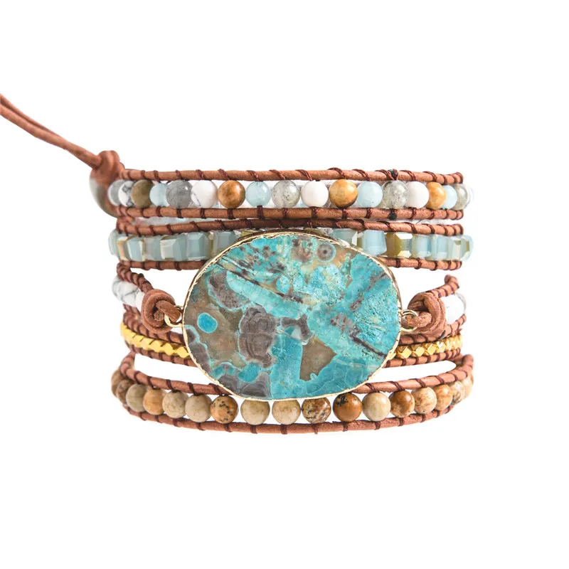 Boho 5X кожаный браслет с бусинами огромный OceanStone бохо шикарные ювелирные изделия