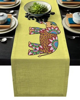 

Hand Painted Elephant Yellow Table Runner Linen Cotton Tablecloth Modern Party Wedding Decor Dinning Table Runners