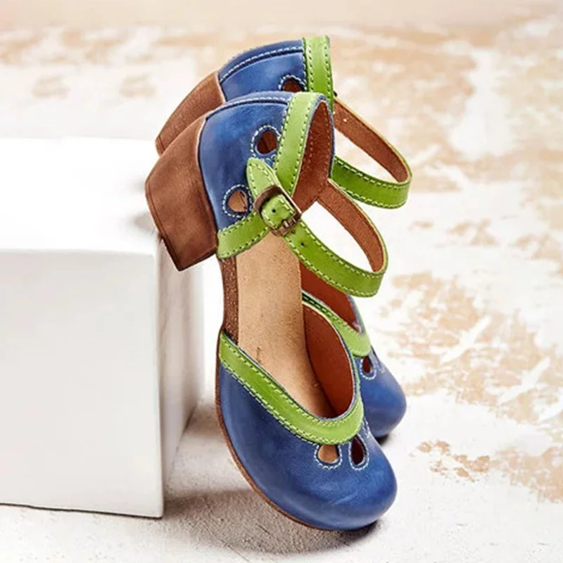 Women Summer Shoes Mid Heel Hollow Out Casual Sandals Elegant Retro Ladies Pumps Ankle Color Block Buckle Straps Female Sandals women sandals women pumps shoes women single shoes women wedges heels shoes