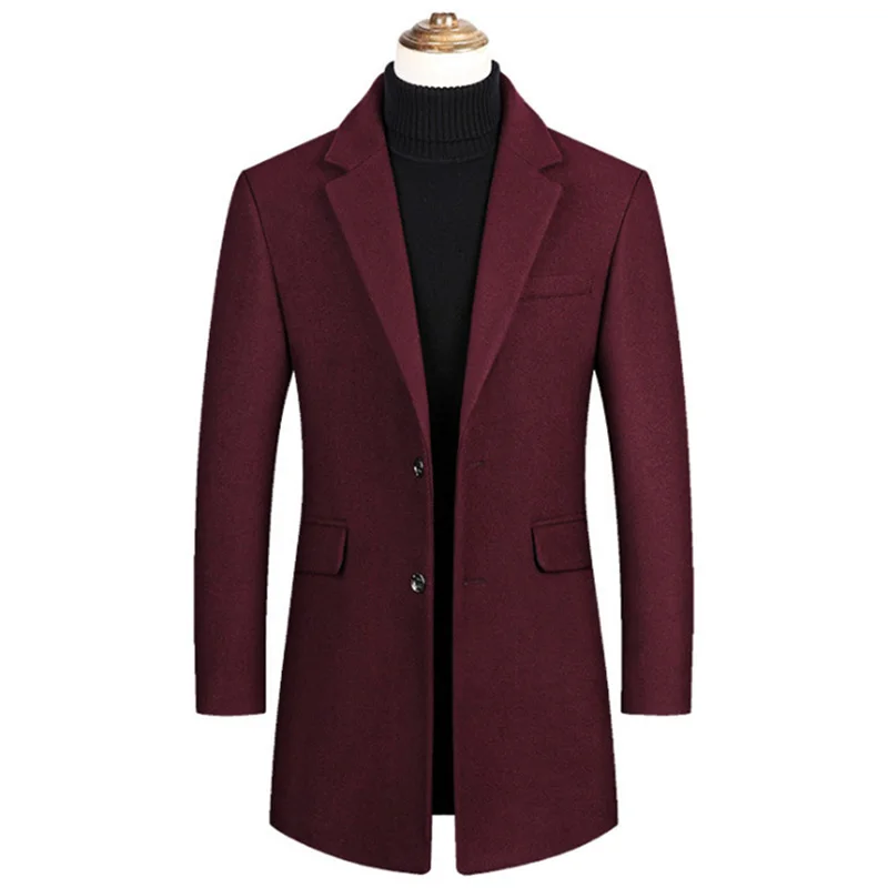 Осенне-зимняя куртка, шерстяное пальто для мужчин, приталенный модный Тренч, повседневное шерстяное пальто, мужские пальто - Цвет: Бургундия
