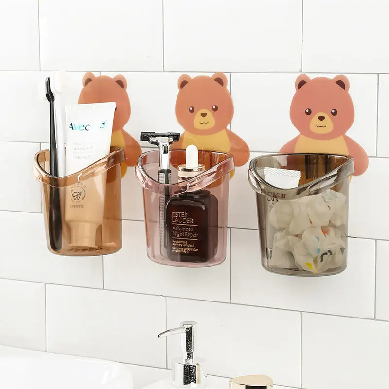 Cute Storage Box Suction Cup Bear Shaped Toothbrush Holder Cup Organizer  Toothpaste Rack Razor Stand PINK 