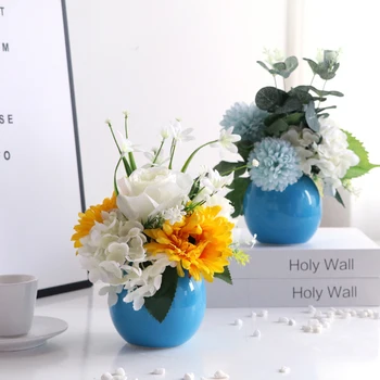 

Ceramic Flower Bouquet Small Round Vase Blue Artificial Silk Fake Floral Cute Indoor Living Room Flores Home Decoration EB50JH