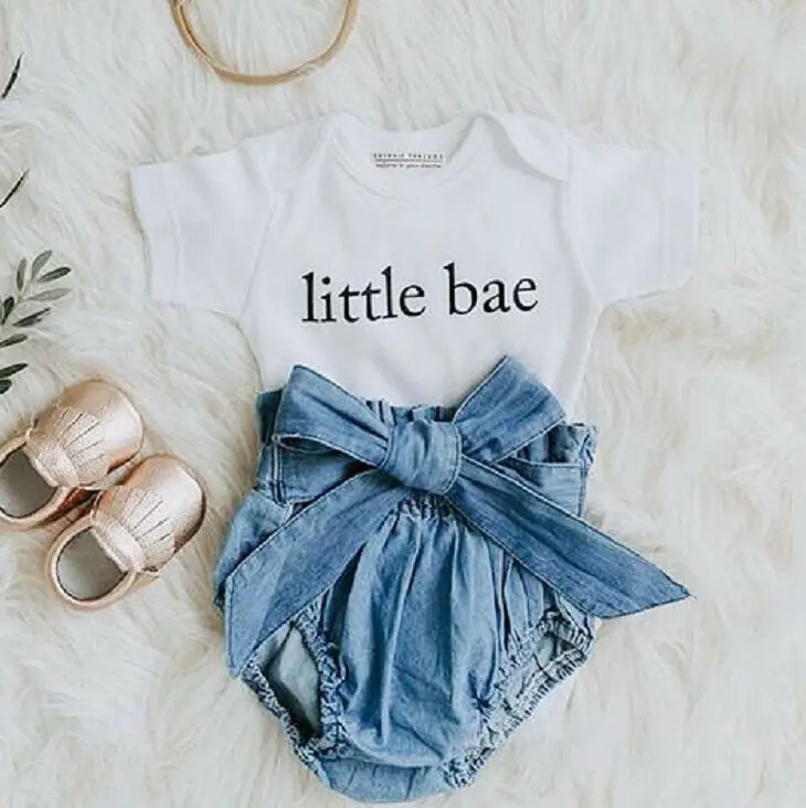 Одежда для новорожденных девочек; боди с короткими рукавами и принтом «Little Bae»; джинсовые шорты; повседневная одежда
