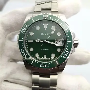 

43mm Bliger/Sterile Mens Watch Sapphire Glass Green Dial Ceramic Bezel 24 Jewels Japan NH35 Automatic Watch