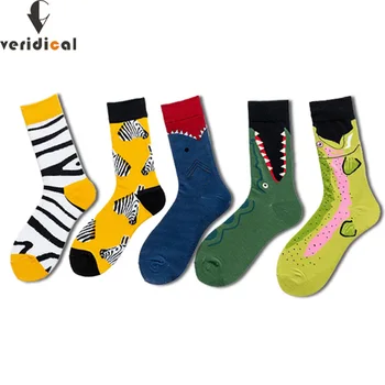 

VERIDICAL 5 pairs/lot cotton happy socks for mans colorful street fashion New Arrival Zebra crocodile shark funny weed socks