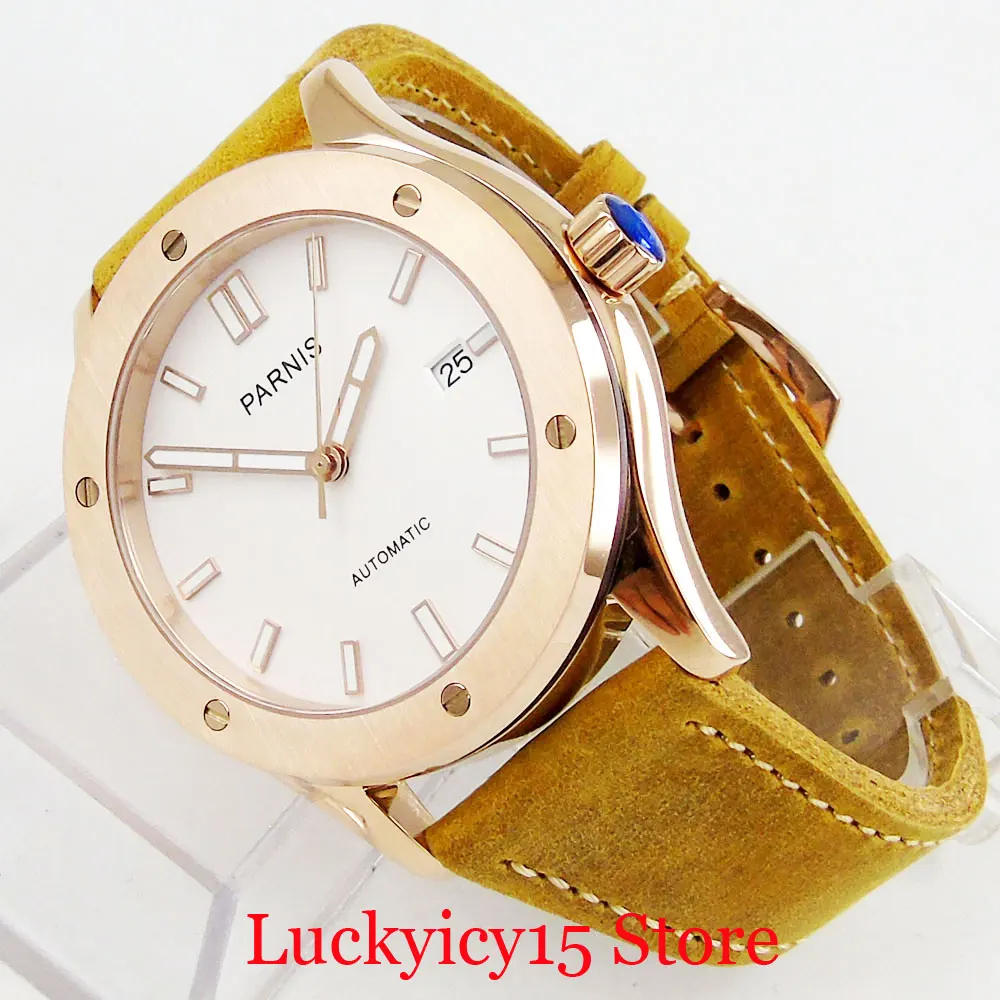 PARNIS Fashion 42mm Rose Gold Round Men Wristwatch Date Function Date Window NH35A Movement White Dial Sapphire Glass