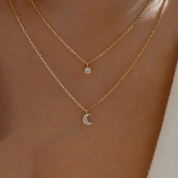 2021 Trend Elegant Jewelry Crystal Moon Star Pendant Necklace Golden Color Unquie Women Fashion Necklace Wholesale  X024 1