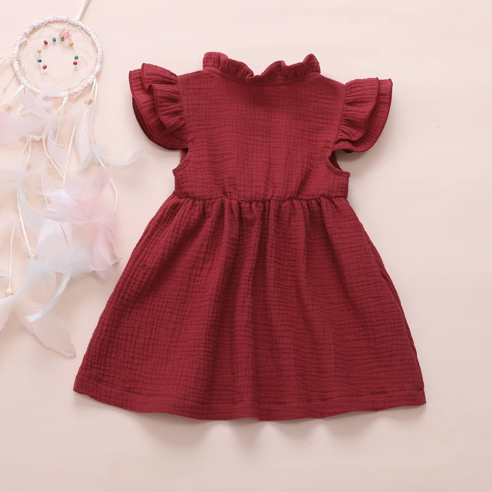 2020 Princess Toddler Kids Baby Girl Dress 1-6Y Solid Linen Button Ruffle Sleeve Turn Down Collar Bow Party A-Line Dress Clothes