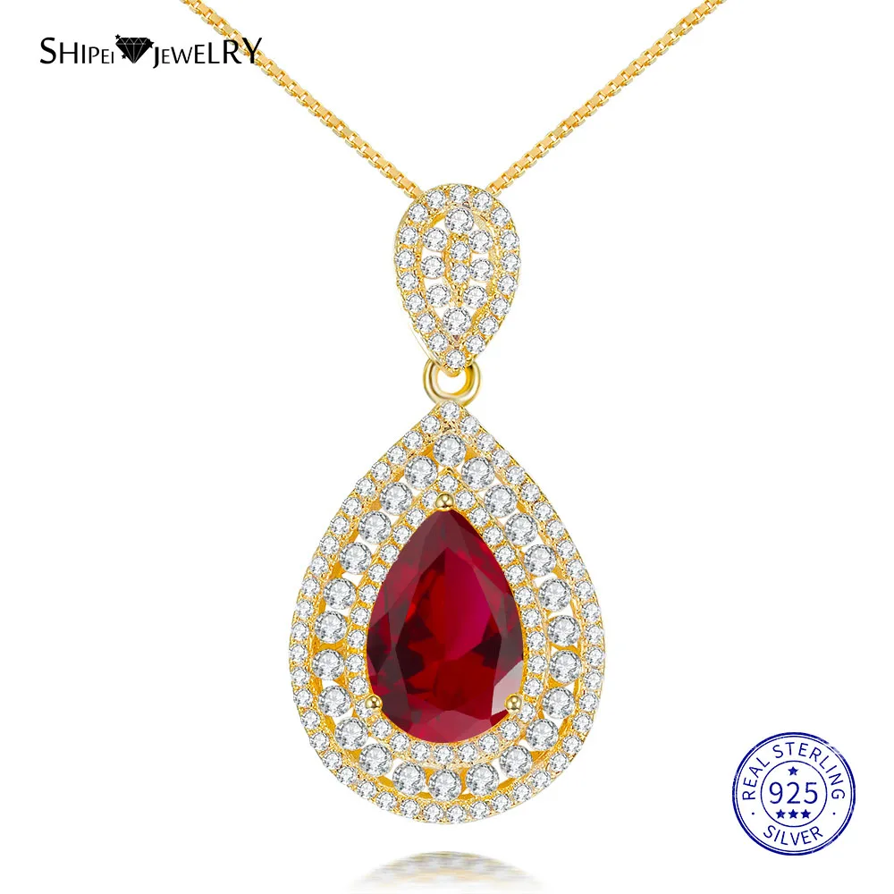 Shipei Sterling Silver Fine Jewelry Ruby Emerald Sapphire Water Drop Pendant Necklace for Women Anniversary Gift - Цвет камня: YellowGold-Red