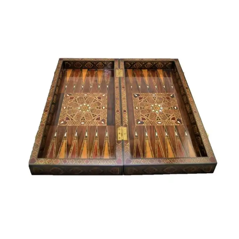 US $484.90 Vintage Game Set Handmade Natural Solid Wooden Backgammon Chess Board checkers Sets Original Pearl on Board Brown Large Size