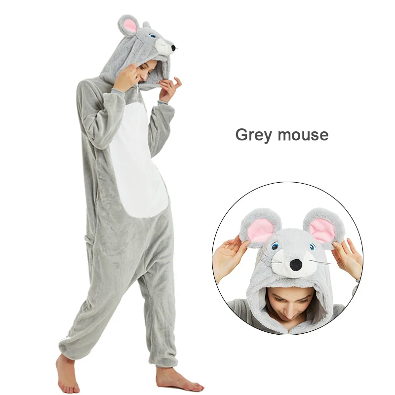 Grey mouse Единорог пижамы Комбинезоны Для женщин, с нашивкой в виде мышки панды зимние пижамы кигуруми для взрослых, Стич, единорог, одежда для сна, комбинезон - Цвет: Grey mouse