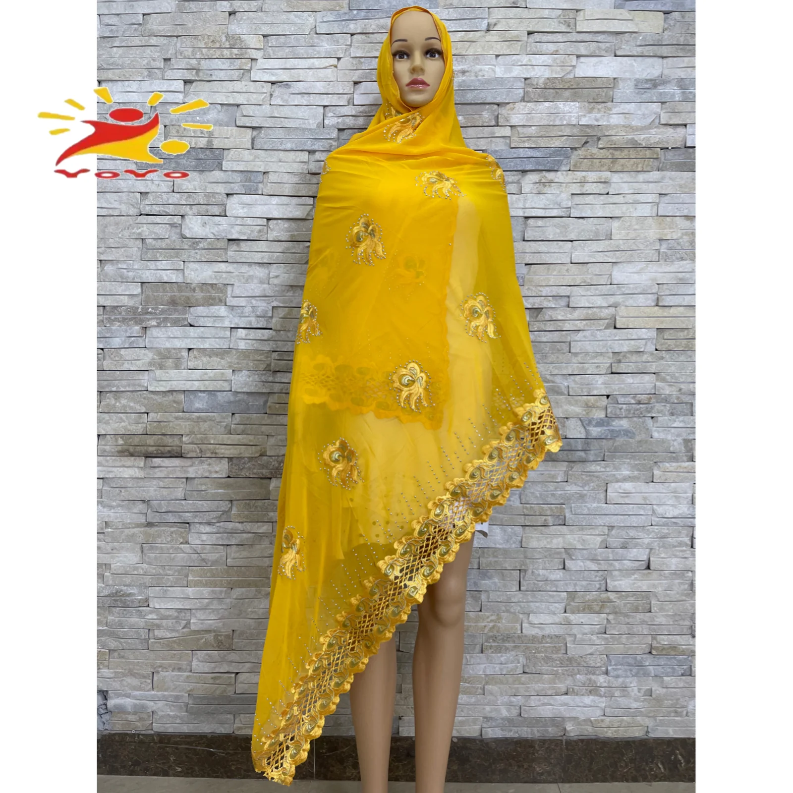 African Women Chiffon Scarf Embroidery Muslim Women Hijab Chiffon Splicing Design