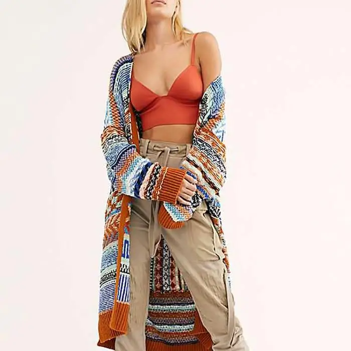 

Autumn Winter Vintage Ethnic Style Sweaters Cardigan Women Loose Colorful Knitting Shawl Sweater