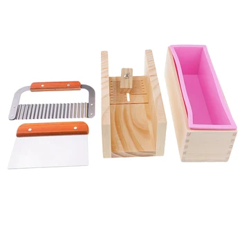 

Silicone soap molds kit Flexible Rectangular Loaf Comes with Wood Box,Stainless Steel Wavy Straight Scraper