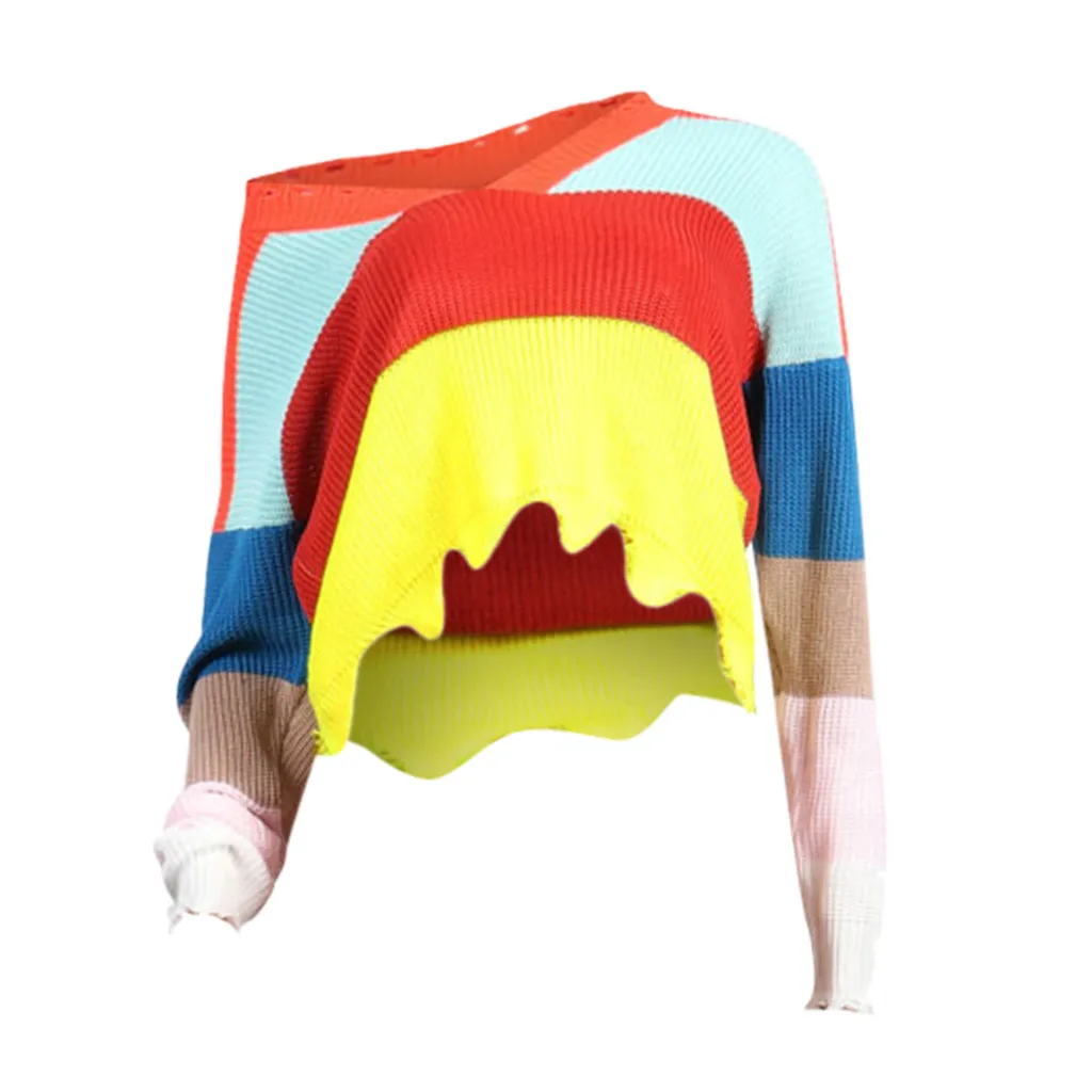 Женский свитер пуловер укороченный свободный Радужный v-образный вырез pull femme jersey mujer
