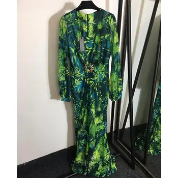 

Holiday Runway Women Fashion Green Printed Deep V Neck Long Dress Jewelry Stone Button Party Luxury Elegant Sexy Dress Autumn