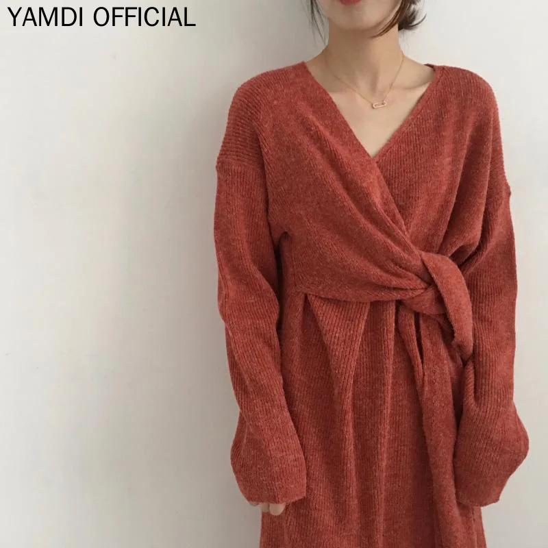 YAMDI женское осенне-зимнее платье-свитер шикарное повседневное с v-образным вырезом однотонное женское корейское вязанное теплое толстый джемпер Vestidos