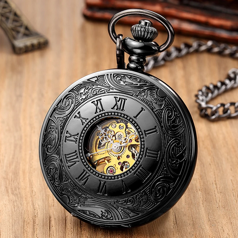 Retro Roman Numerals Hand Wind Mechanical Pocket Watch FOB Chain Steampunk Skeleton Hollow Case Vintage Pendant Necklace Men