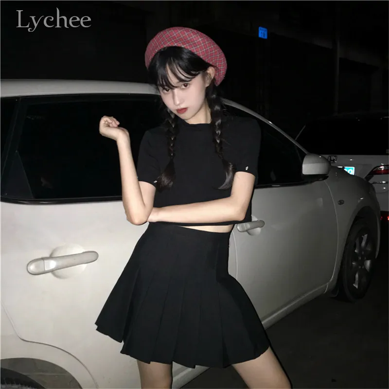 Lychee Harajuku, одноцветная женская укороченная футболка, футболка на шнуровке с круглым вырезом, женские пуловеры, топы, сексуальные тонкие весенние женские футболки, футболки