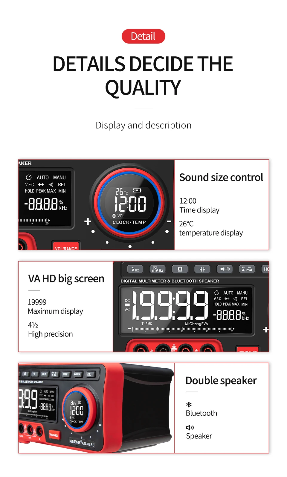 AN888S Bluetooth тон/функция часов/функция будильника/функция термометра 19999 отсчетов Многофункциональный al Рабочий стол Digita