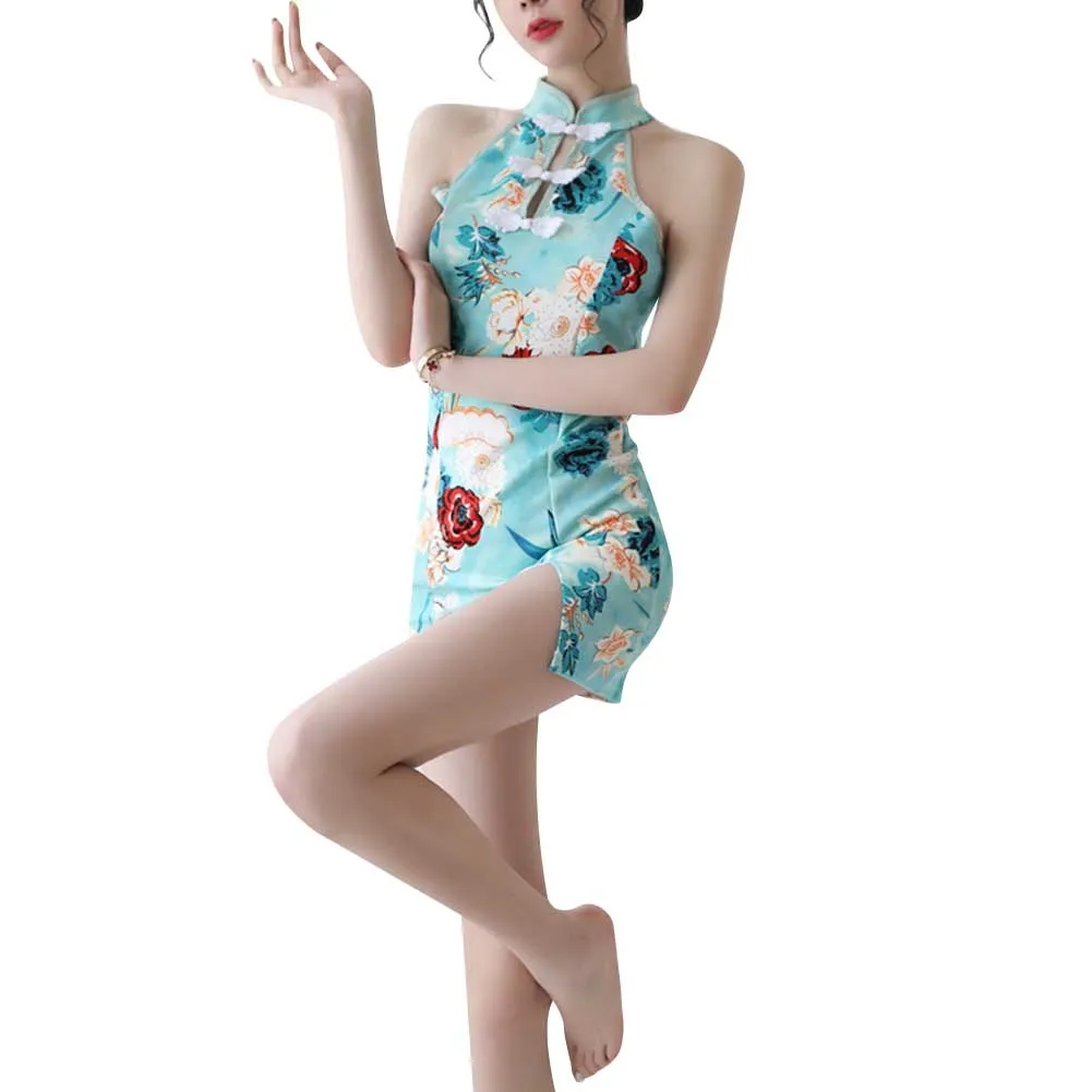Women Sexy Mini Qipao Dress Blue Peony 
