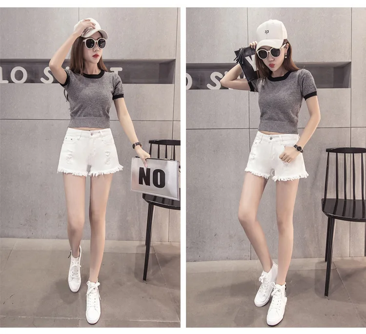 Denim Shorts Women's Summer Students White Hole Burrs Korean-style Loose And Plus-sized High-waisted Wide-Leg Shorts