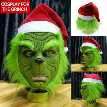 

Funny Halloween Cosplay for Grinch Party Mask Santa Full Head Latex Mask Adult Costume Mask Props with Christmas Hat