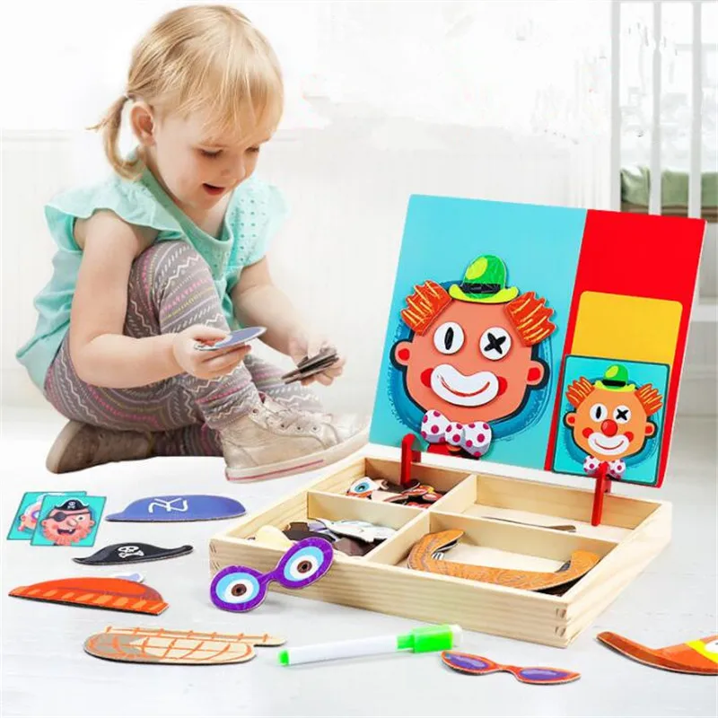 Educational Toys For Children Montessori Material Wooden Five Sense Organs DIY Assembling Magnetic Puzzle Drawing Board For Baby Educational Toys For Children Montessori Material Wooden Five Sense Organs DIY Assembling Magnetic Puzzle Drawing Board For Baby