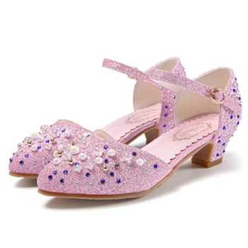 

NEW 2020 Spring Summer Girls sandals Pointed toe Beaded High-heeled shoes Children Dance performance shoes 01B