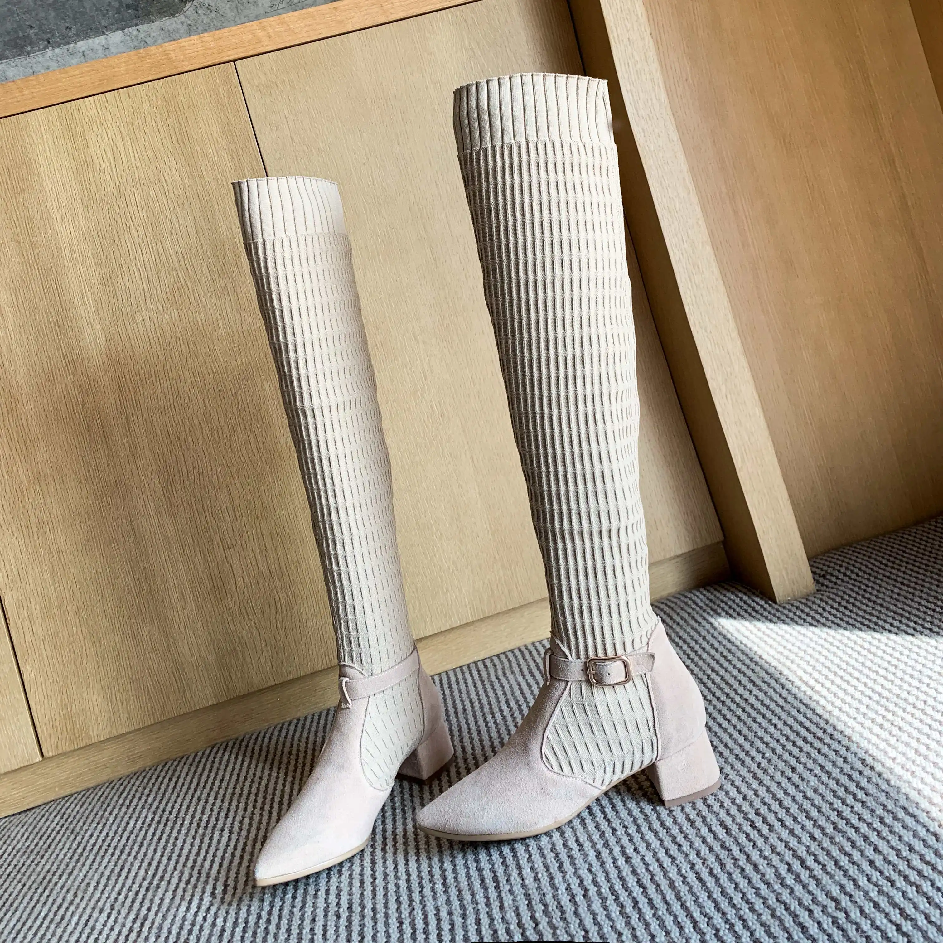 Vichelo Hot Internet star cow suede stretch fabric pointed toe med heels buckle straps winter women warm over-the-knee boots L77
