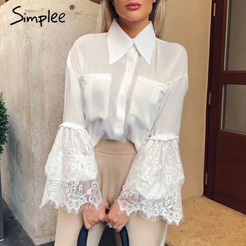 Simplee винтажная кружевная шифоновая блузка рубашка элегантная с расклешенными