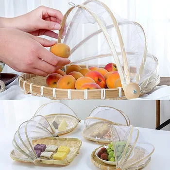 

Handmade Bamboo Woven Anti Insect Dustproof Basket Fruit Vegetable Tray Mesh Drying Dustpan Food Storage Basket Dishes Cover