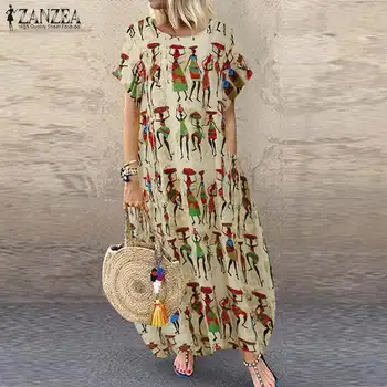 

ZANZEA Stylish Casual Cartoon Print Maxi Dress Women's Summer Sundress Short Sleeve Tunic Vestidos Female O Neck Robe Plus Size