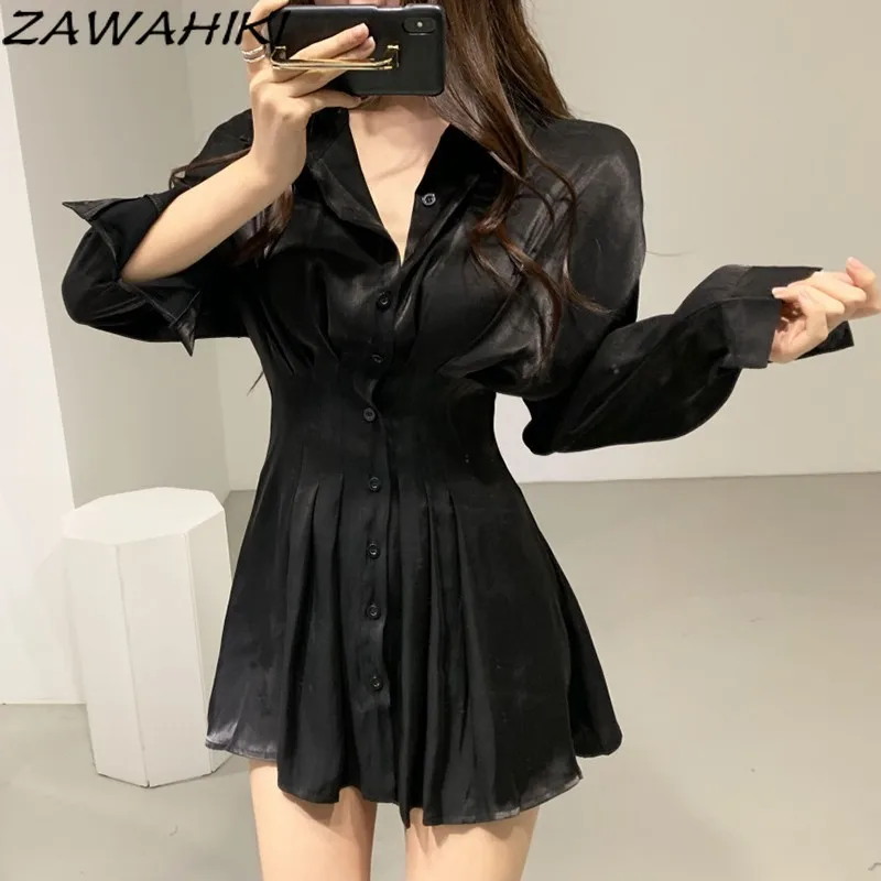 homecoming dresses 2021 ZAWAHIKI Women's Clothes Long Sleeve Shirt Dress Slim Solid High Waist Vestidos Mujer Turn Down Collar drawstring Mini Dresses midi dress Dresses