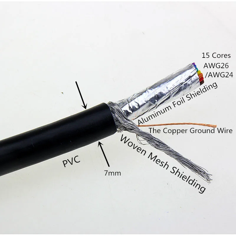 1M 15 Core PVC Shielded Signal Wire Black Headphone Cable Cord Signal Audio Shielding Cable DB15 Cables 15 Needle Serial Thread