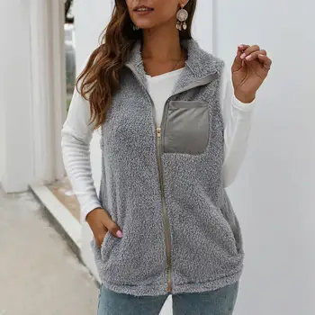 

Winter Turtleneck Fleece Vest Sleeveless Cardigan Fluffy Casual Tops Mandarin Collar Women Plush Warm Zipper Jackets Vest