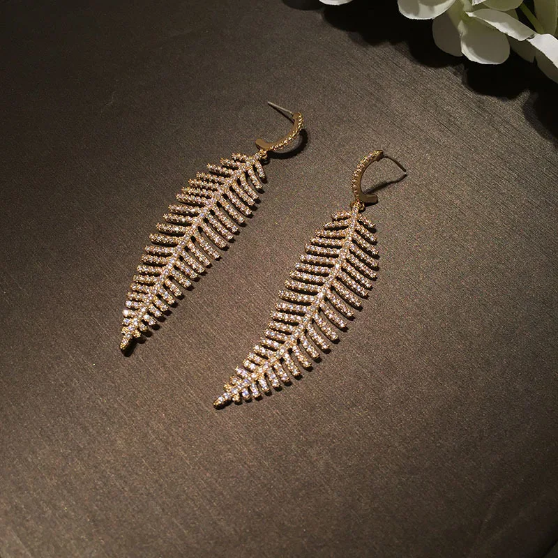 Dazz 925 Silver Trendy Long Leaf Hollow Out Gold Earrings Fashion Jewelry For Ladies Party Holiday Dress Accessories Gifts