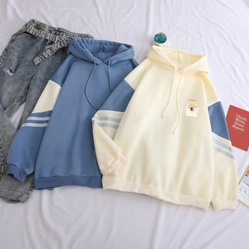 

Autumn Winter Fleece Hoodies Korean Kawaii Shiba Dog Printed Hot Sale Casual Spell Color Patchwork Sweatshirts Hooded Clothing