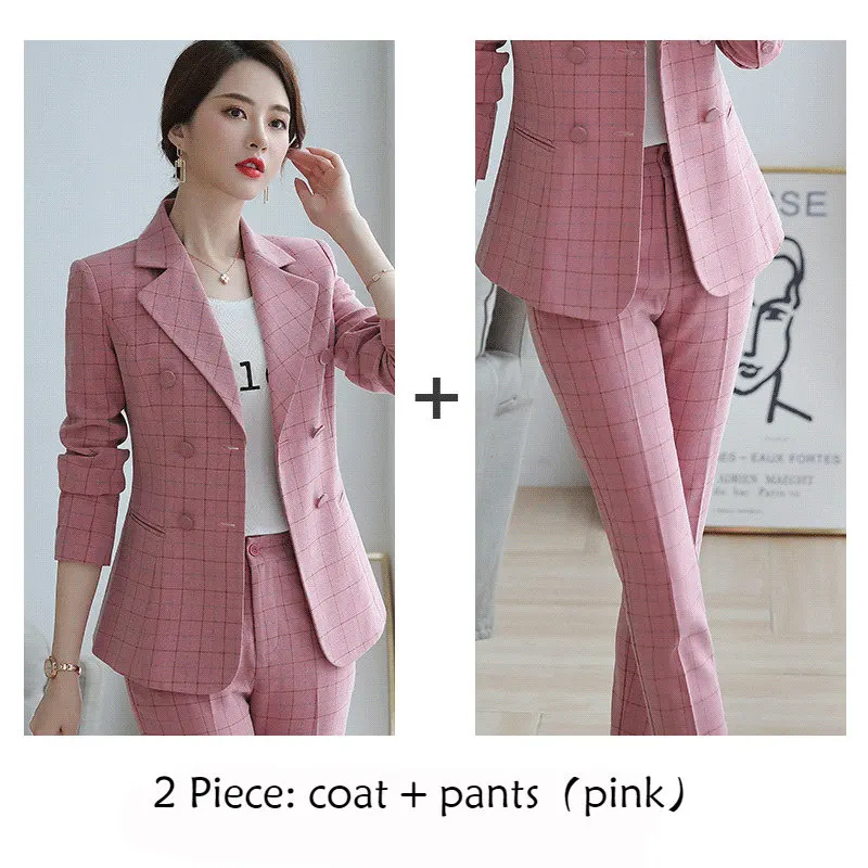 pink coat pants Женские костюмы, элегантный розовый блейзер в клетку для офисных леди, Осень-зима, деловые модные повседневные рабочие костюмы из пальто и брюк, женская одежда - Цвет: pink coat pants