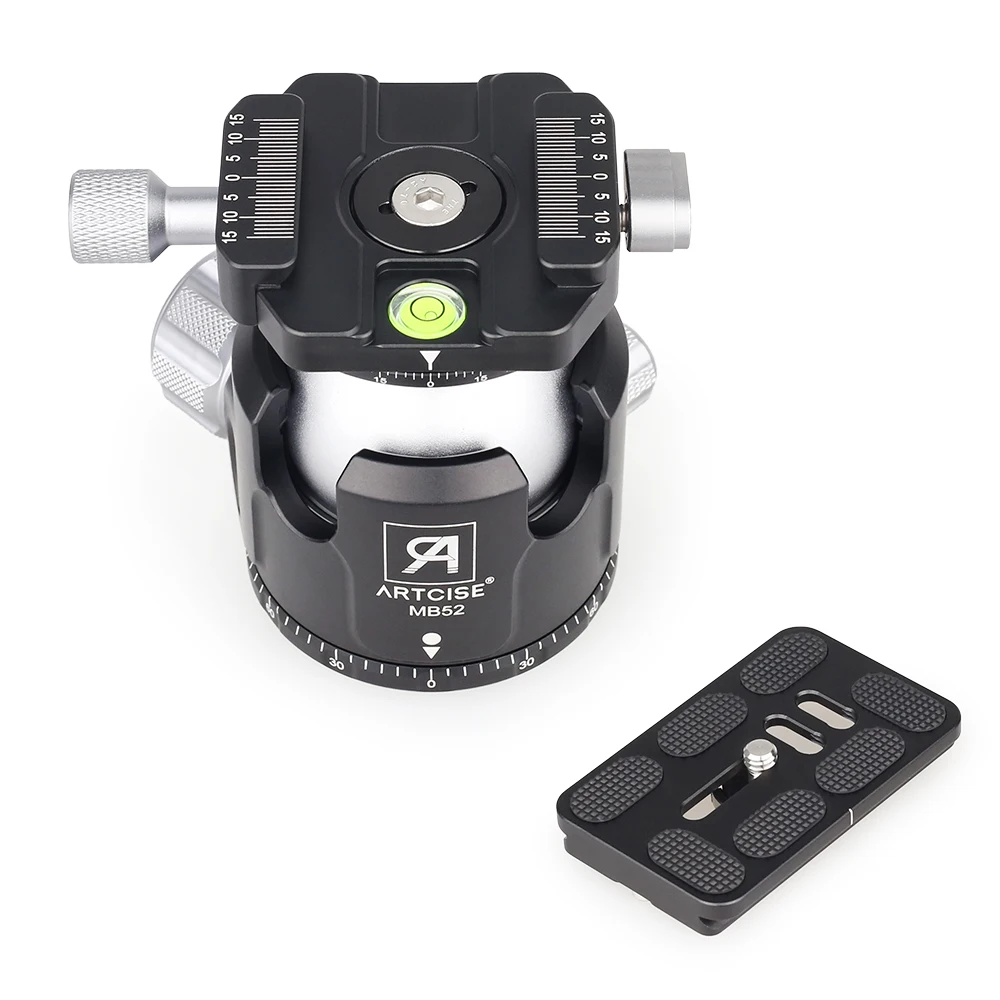 Low Profile Tripod Head Universal Panoramic Ball head for Camera CNC Metal 52mm Ballhead Mount with extra Quick Release Plate