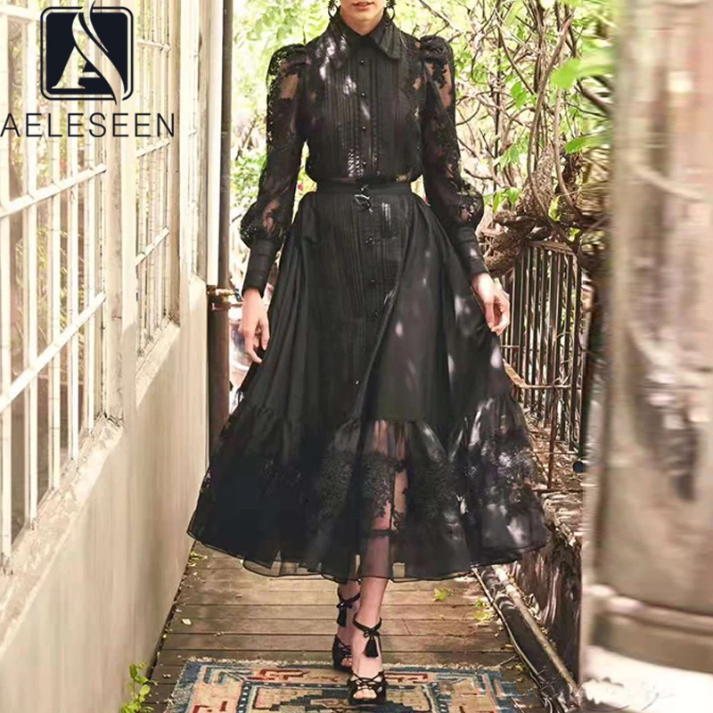 AELESEEN, модные Подиумные юбки, костюм для женщин, винтажная Цветочная вышивка, плиссированная Блузка+ длинная юбка, черный, белый цвет, костюмы из 2 предметов