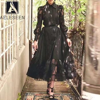 

AELESEEN Fashion Runway Skirts Suit Women Vintage Flower Embroidery Ruffles Pleated Blouse+Long Skirt Black White 2 Pieces Suits