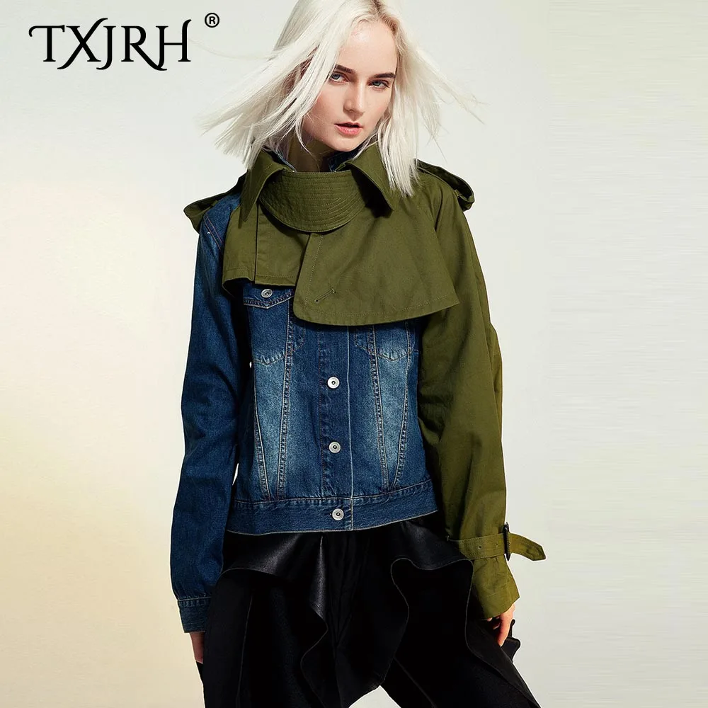 TXJRH шикарная джинсовая комбинированная контрастная цветная куртка с отложным воротником и длинными рукавами ветровка Верхняя одежда Топы 2 цвета