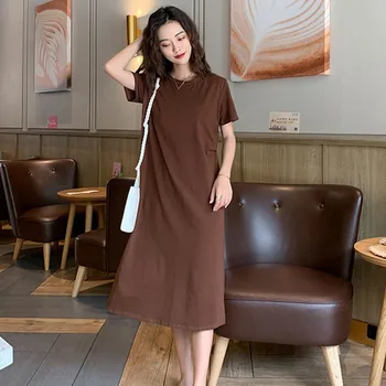 

2020 Solid Dress Vintage Style High Waist Plus Size Dress Loose Casual Round Neck Short Sleeve Dresses Wholesale