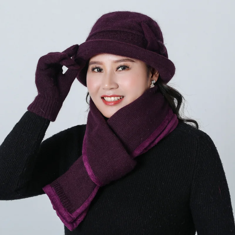 Bing Yuan Hao Xuan Winter Warm Knitted Hat And Scarf gloves Hat Warm Knitted Hat Winter Beanie Hat For Woman - Цвет: Dark purple